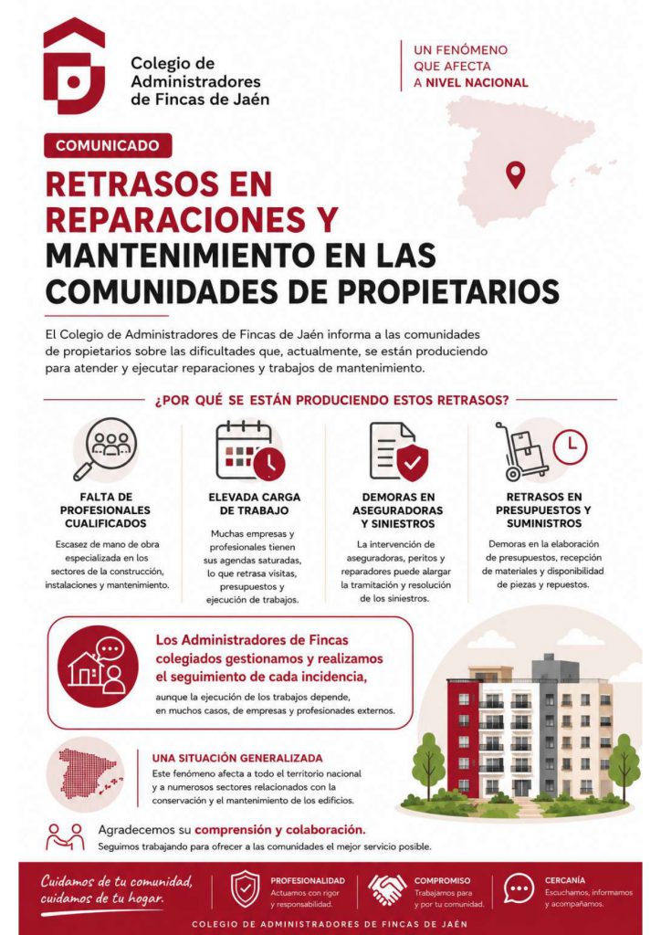 Estimados/as compañeros/as: Como muchos de vosotros estáis comprobando en el ejercicio diario de la profesión, actualmente existen importantes dificultades para atender y ejecutar determinadas reparaciones y trabajos de mantenimiento en las comunidades de propietarios. Se trata de una situación que no solo afecta a nuestra provincia, sino que también se está produciendo en numerosos Colegios de Administradores de Fincas de toda España. Con el objetivo de informar a las comunidades de propietarios y trasladar un mensaje claro y unificado, desde el Colegio de Administradores de Fincas de Jaén hemos elaborado una infografía informativa que explica, de forma sencilla, las principales causas de estos retrasos. Entre ellas destacan la escasez de profesionales cualificados, la elevada carga de trabajo de las empresas especializadas, las demoras en la tramitación de siniestros por parte de las compañías aseguradoras y los problemas de suministro de determinados materiales y repuestos. Asimismo, esta iniciativa pretende poner en valor la labor que desarrollan los Administradores de Fincas Colegiados, quienes continúan gestionando incidencias, solicitando presupuestos, coordinando actuaciones y realizando un seguimiento constante de los trabajos, aunque su ejecución material dependa, en la mayoría de los casos, de empresas y profesionales externos. Adjuntamos la infografía para que podáis difundirla a través de vuestros canales habituales: estados de WhatsApp, redes sociales, páginas web, correo electrónico o cualquier otro medio que consideréis oportuno. Os animamos a participar en esta campaña de comunicación para trasladar un mensaje común, contribuir a una mayor comprensión de la situación actual y reforzar la confianza de las comunidades de propietarios en la labor de los Administradores de Fincas Colegiados. Agradecemos de antemano vuestra colaboración y vuestra implicación. Un cordial saludo,